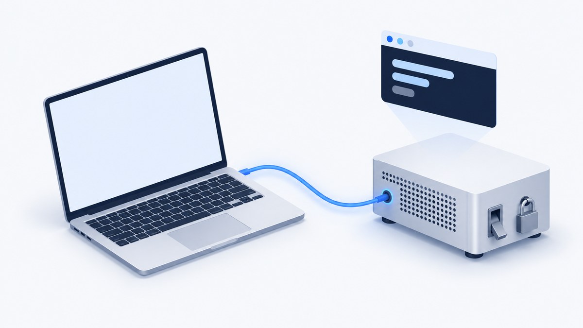Illustration of a laptop linked to a site computer that has a physical off switch and a lock