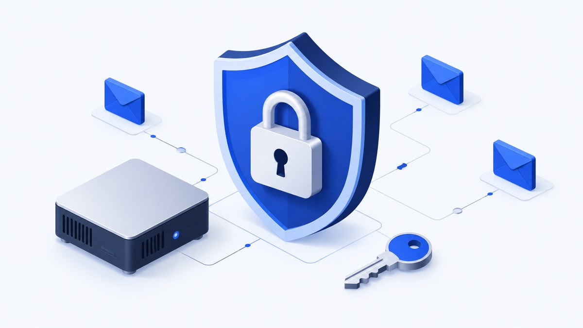 Illustration of a shield with a padlock, a key and sealed envelopes beside a site computer