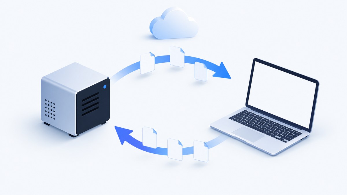 Illustration of a site computer and a laptop joined by a two-way loop of arrows under a cloud