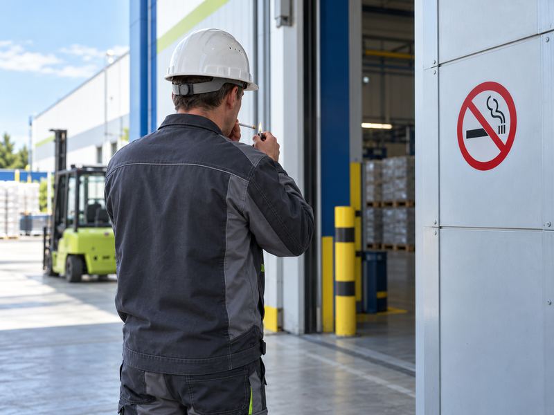 Worker near a no smoking sign at a loading bay