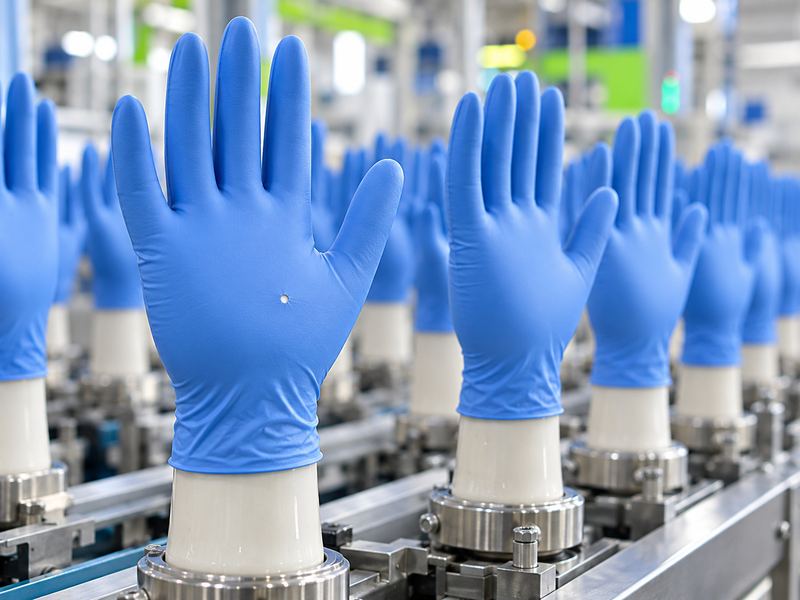 Blue nitrile gloves on formers on a production line