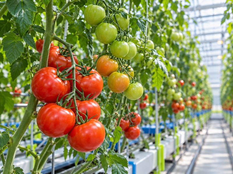 Greenhouse tomatoes at three ripeness stages