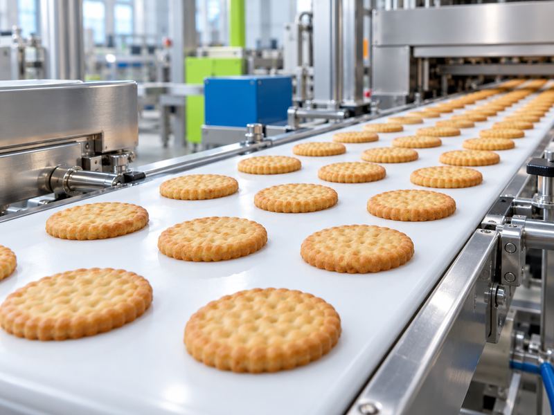 Biscuits moving on a bakery conveyor