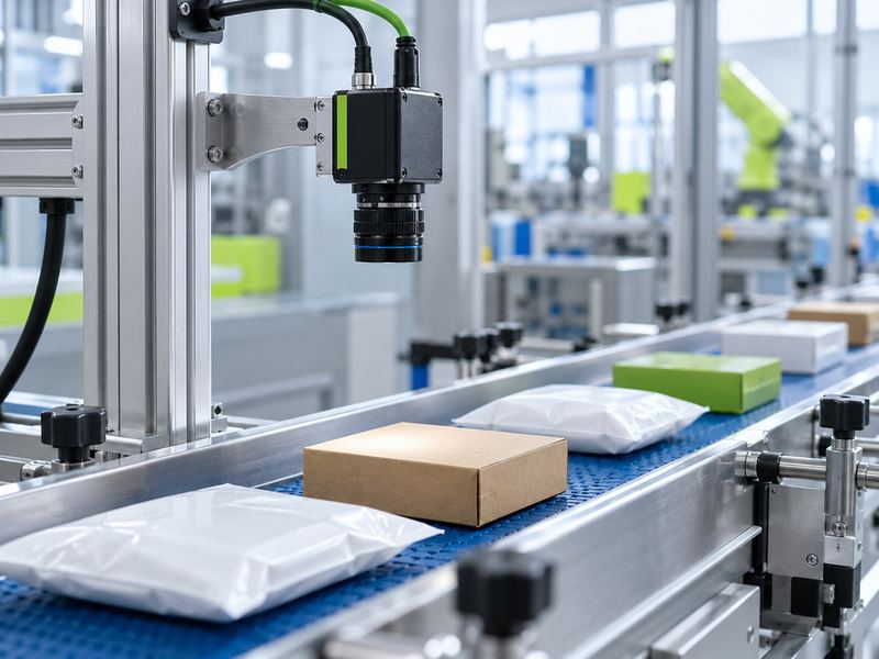 Machine vision camera above packaged goods on a conveyor