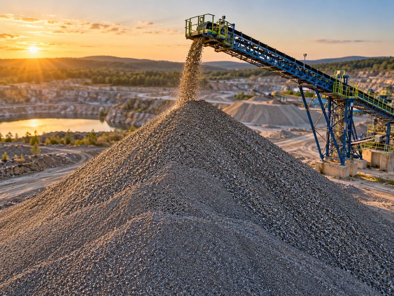 Aggregate stockpile under a conveyor stacker at sunset