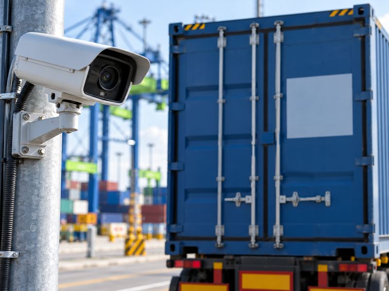 Gate camera beside a shipping container