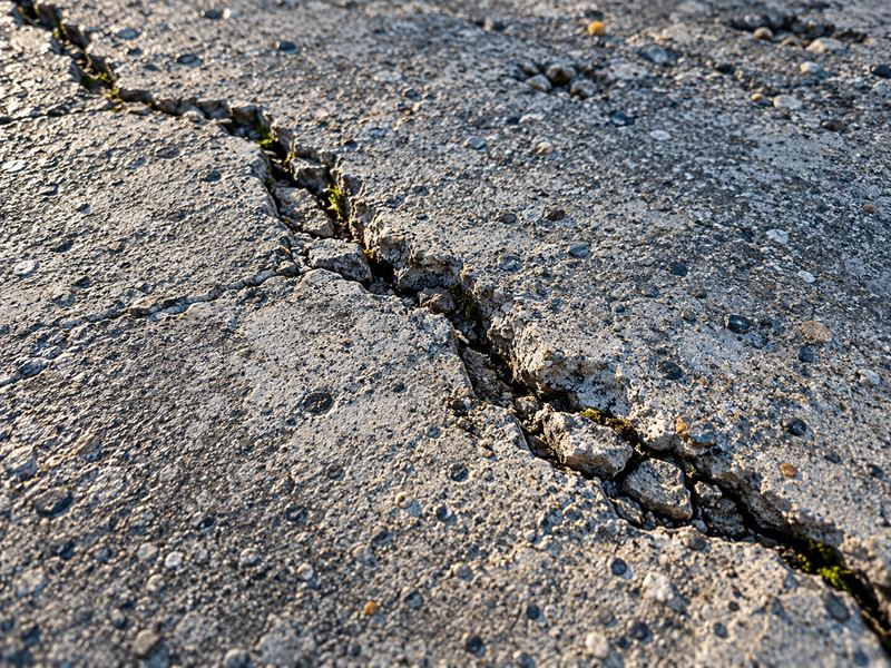 Crack running across a concrete road