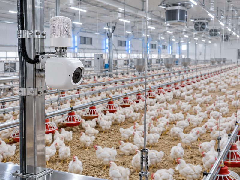 Modern poultry house with chickens, a microphone and a camera
