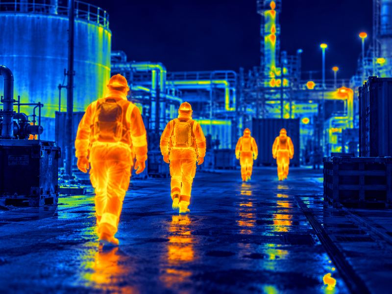 Thermal view of people walking in an industrial yard at night