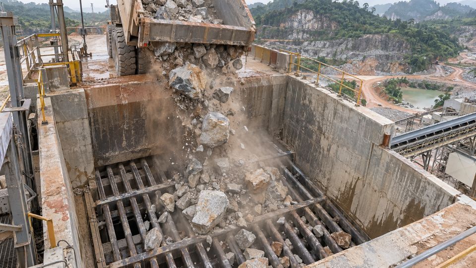 Rock falling into a quarry crusher hopper