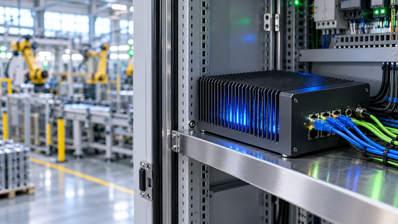 Compact edge AI box with glowing vents in an industrial control cabinet