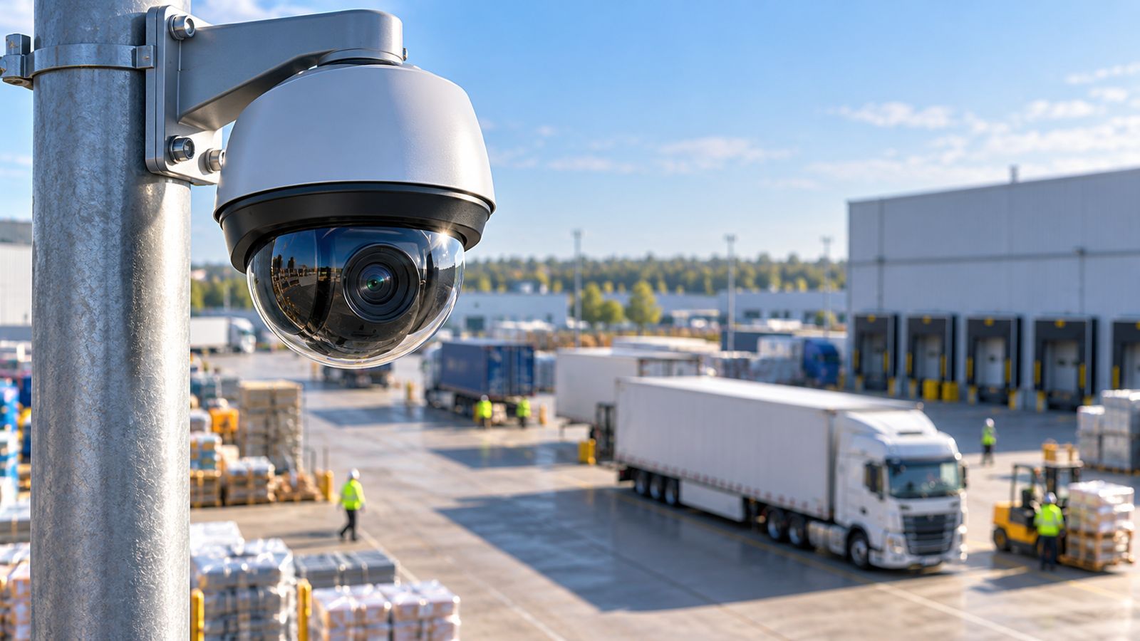 CCTV camera on a pole watching a busy logistics yard