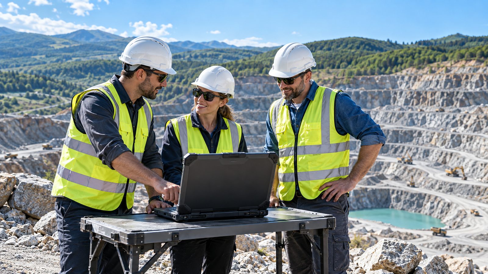 Engineers discussing a site plan around a laptop at a quarry viewpoint