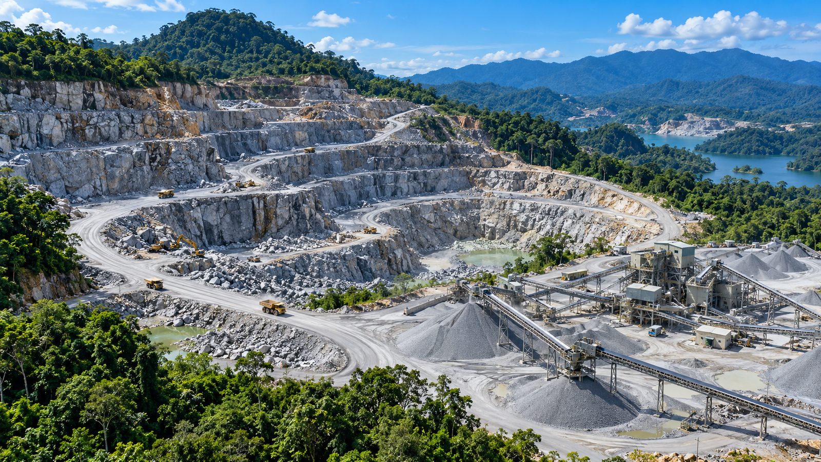 Aerial view of an open pit quarry with haul roads and a crushing plant