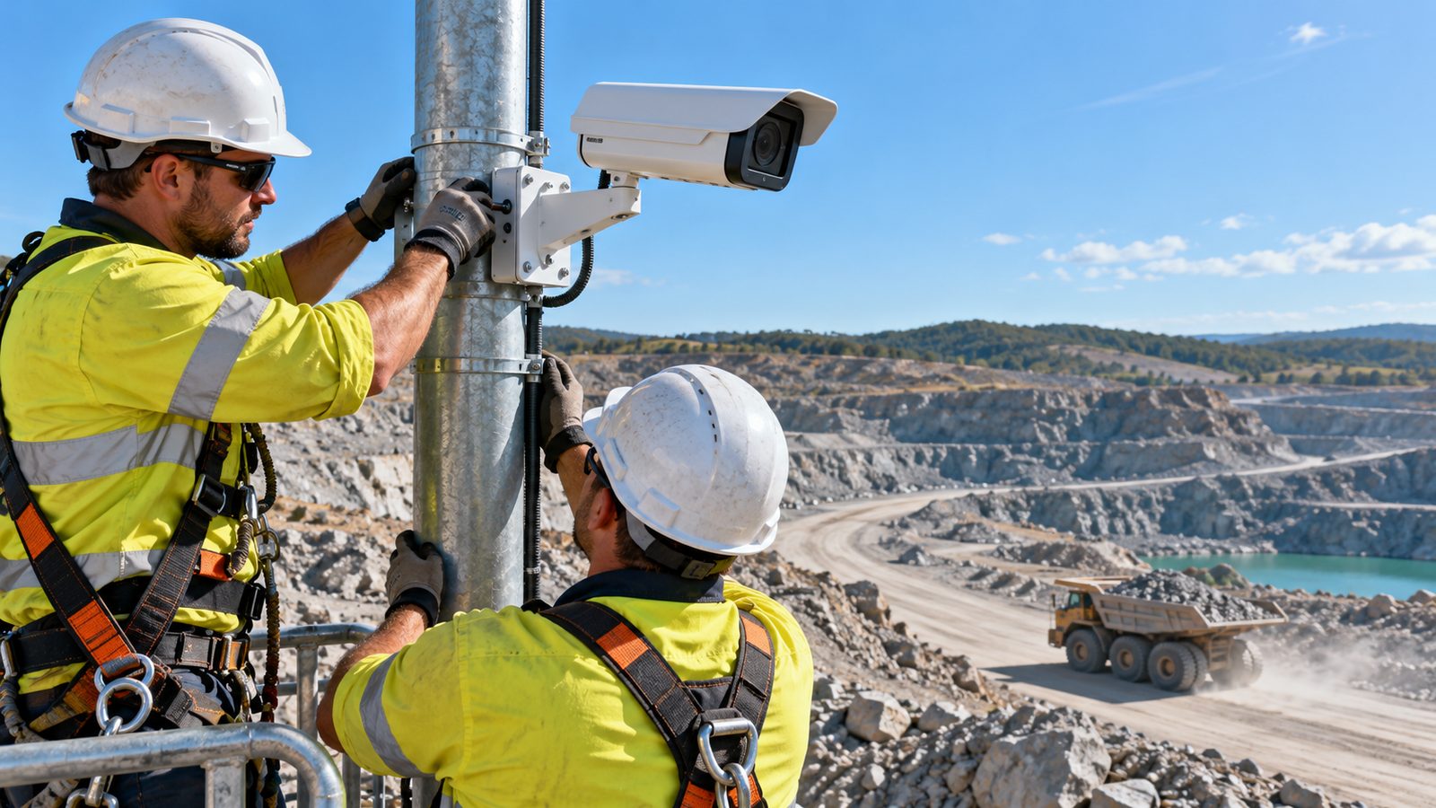 Technicians mounting an industrial camera on a pole at a quarry