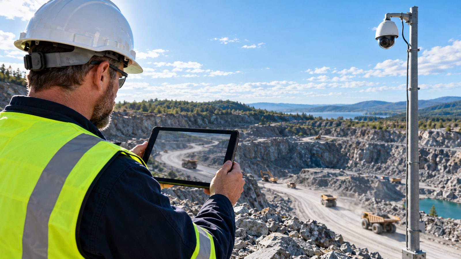 Quarry supervisor checking a live camera view on a tablet