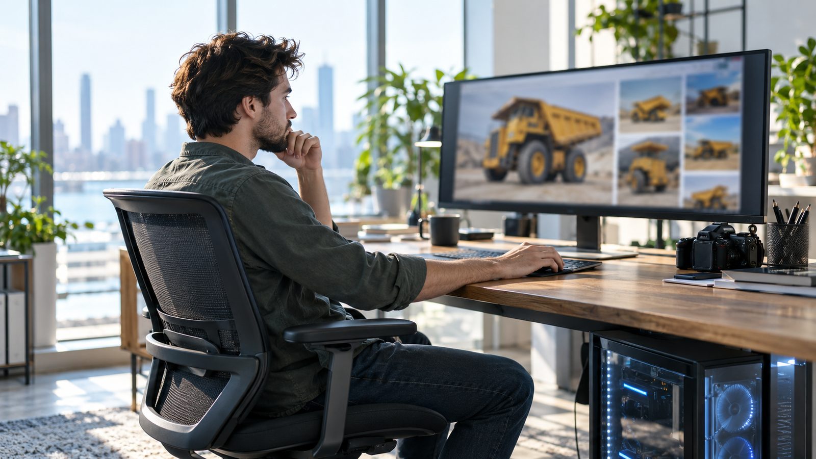 Engineer reviewing dump truck training photos next to a GPU workstation