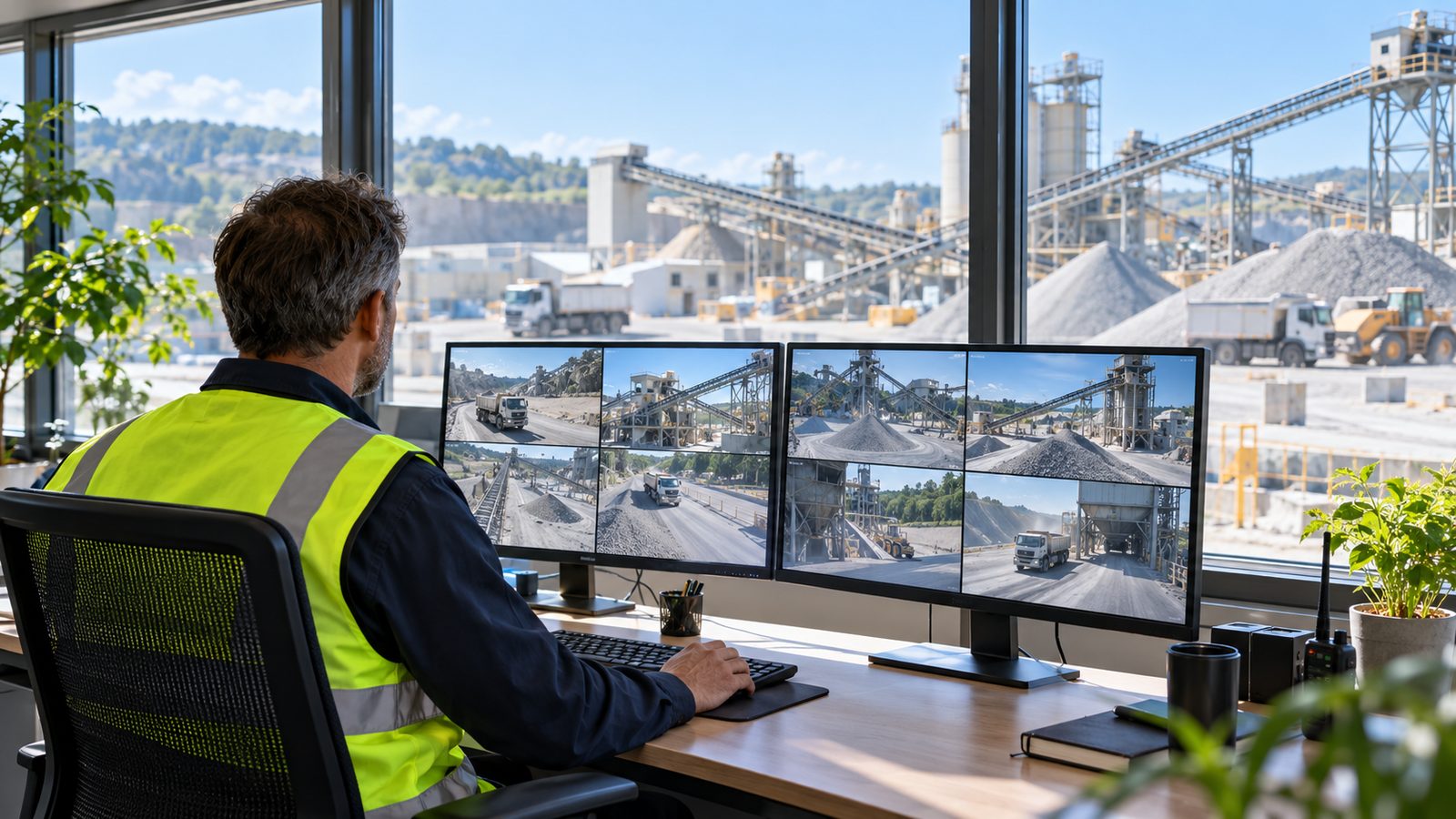 Supervisor in a site control room watching a grid of camera views on two monitors