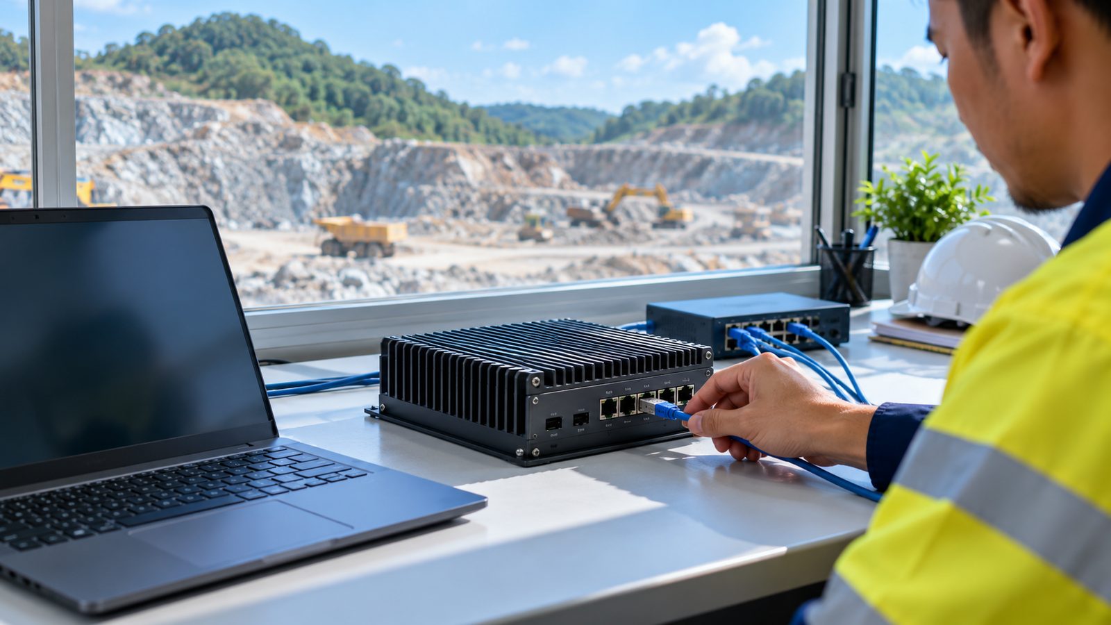 Compact site computer being connected with a network cable in a quarry site office