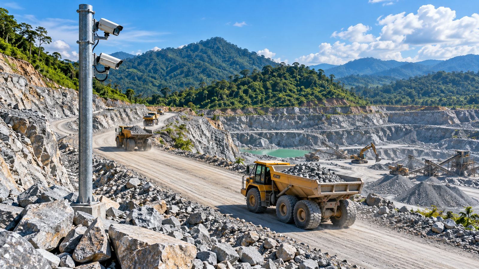 Dump trucks on a quarry haul road watched by two cameras on a steel pole