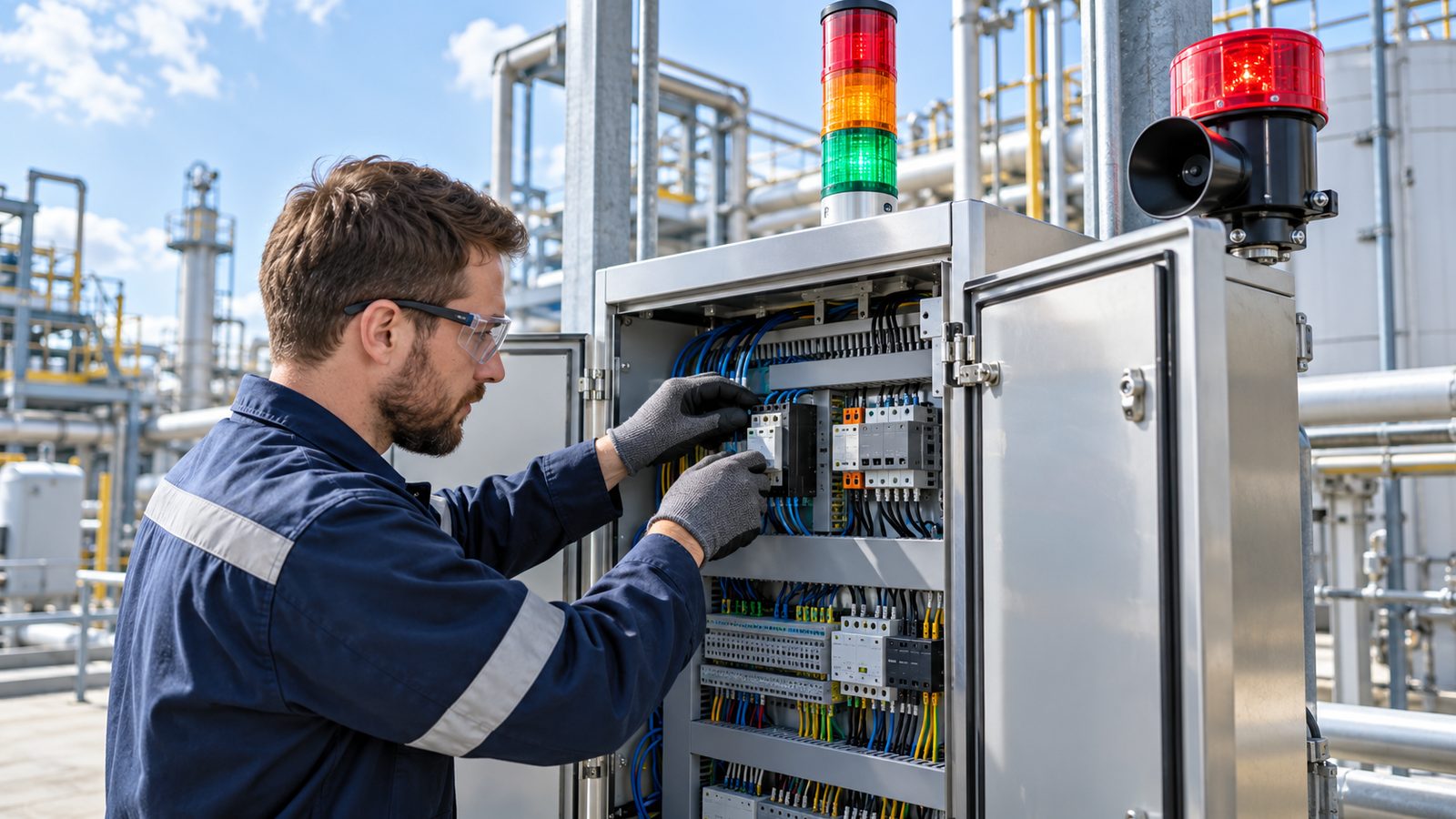 Technician wiring a relay module under a signal tower light in an industrial cabinet