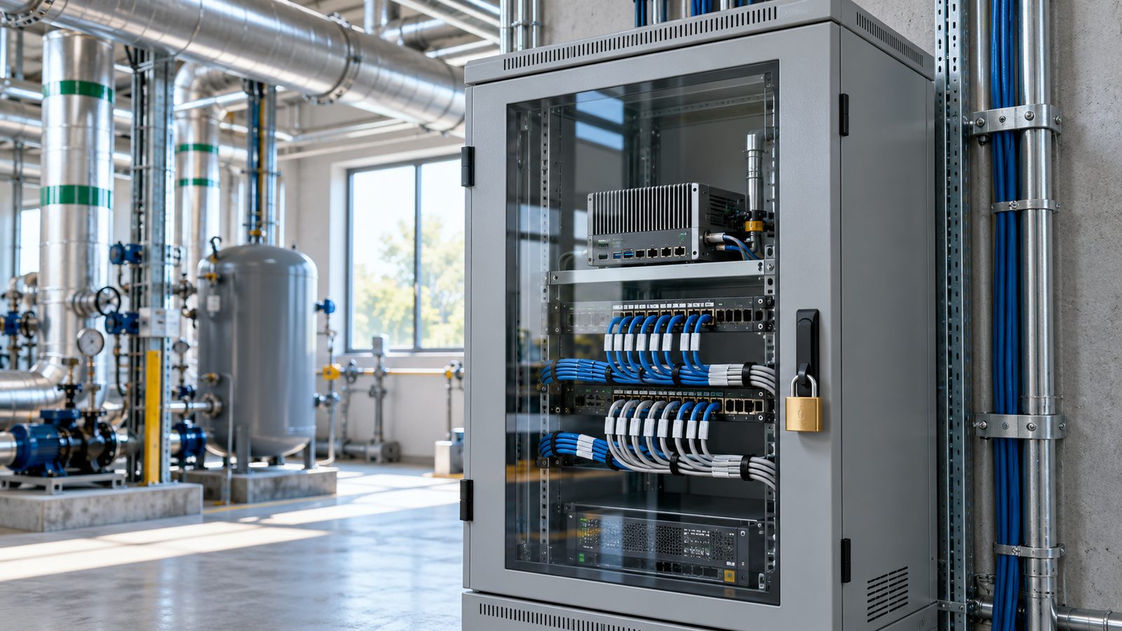 Locked network cabinet holding a small industrial computer