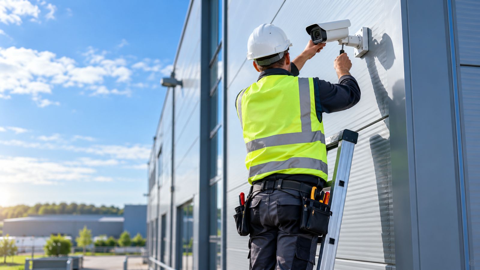 Engineer in a hard hat installing a CCTV camera on a factory wall