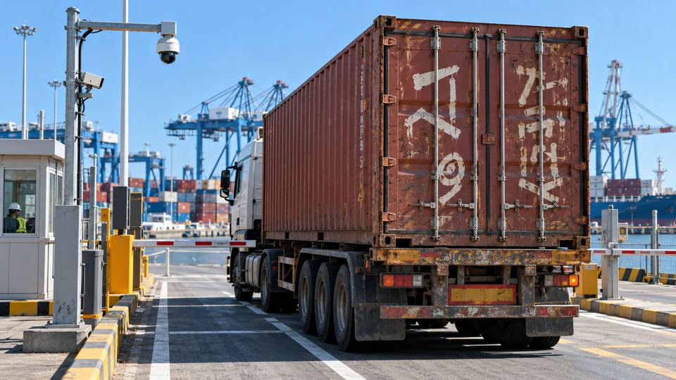 Container Number Recognition, generated site photo 1 with example AI detections
